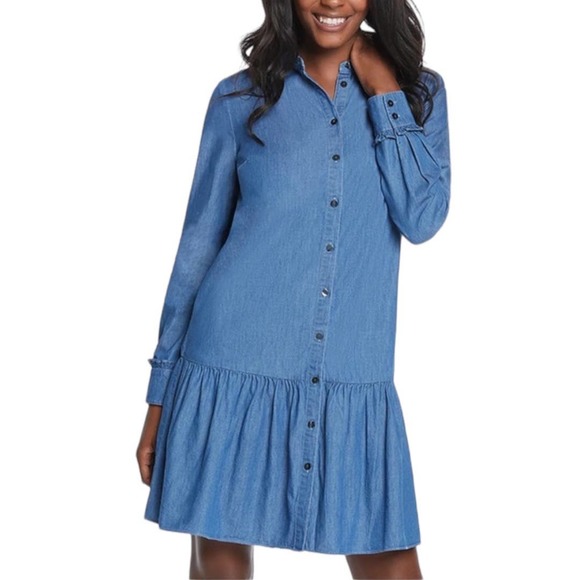 NWT Draper James Chambray Button Down Flounce Hem Shirt Dress 2 - Picture 1 of 9